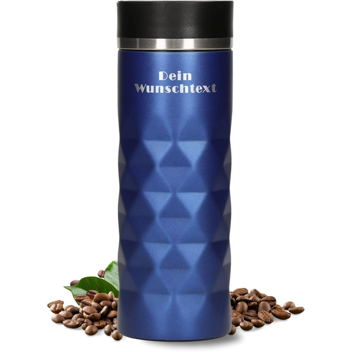 Термокружка Elasto з нержавіючої сталі, 450 мл, з індивідуальною гравіюванням, блакитна. Зручна для кави 'to go', 100% захист від протікання та термоізоляція.