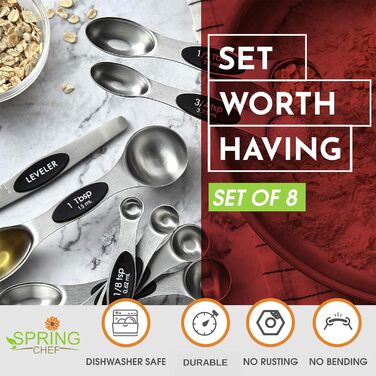 Набір магнітних мірних ложок Spring Chef, нержавіюча сталь, двосторонні, для спецій, срібний