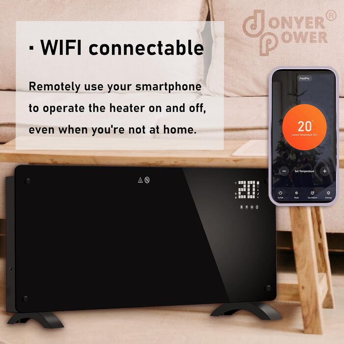 Конвектор DONYER POWER 2500W з Wi-Fi, чорний, настінний/підлоговий, таймер, пульт, 2.5 кВт