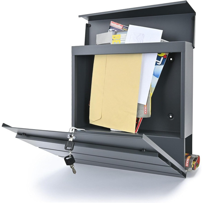 Поштова скринька Verda Anthrazit з газетницею, порошкове покриття AkzoNobel, 2 ключі, табличка з ім'ям, персоналізована, дизайнерська настінна, нержавіюча сталь (Sn3645-1)