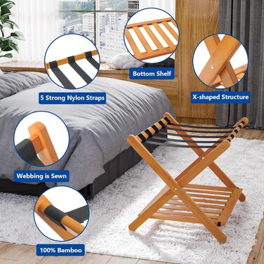 Fully assembled white luggage rack, enhanced bamboo, foldable suitcase stand with 5 nylon straps, luggage holder with shelf for guest rooms, hotel (white luggage rack, 1 piece) (honey, 1 piece)