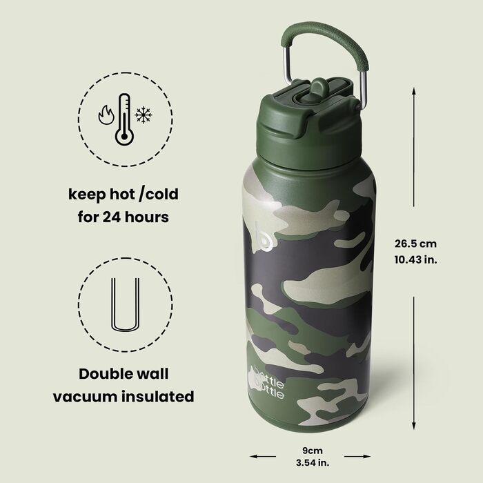 BOTTLE BOTTLE Stainless Steel Water Bottle 1L with Straw – Leak-Proof Insulated Bottle for Sports & Gym, with Pill Compartment, BPA-Free, Double-Walled (Jungle Camouflage)