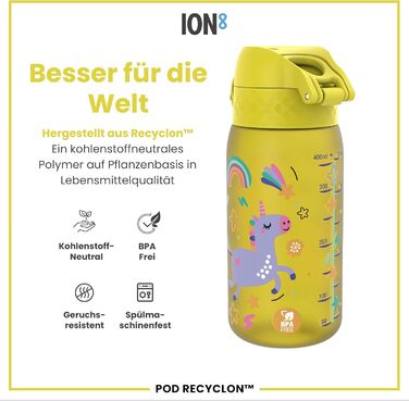 ion8 Insulated Stainless Steel Drinking Bottle 320 ml Leak-Proof One-Handed Opening Secure Locking Dishwasher-Safe Flip-Top Lid Carrying Handle Easy to Clean, Durable, Unicorn (Evo, Recyclon, Yellow)