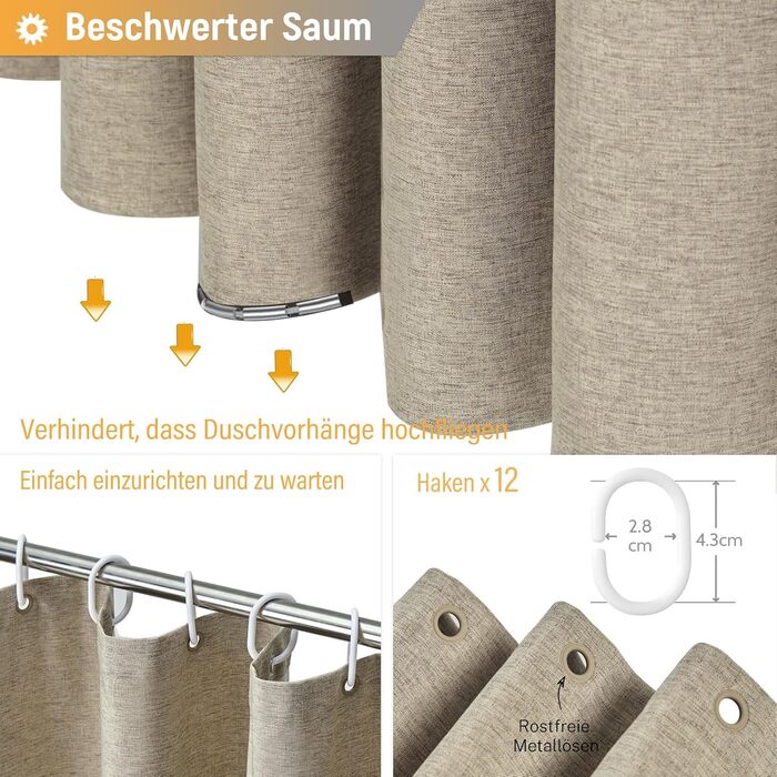 Тканинна шторка для душу BTTN, 180x200 см, льонова текстура, антигрибкова, пральна, текстильна, з 12 гачками, сучасна, водонепроникна, з обтяжувачем, декор з поліестеру, кремовий (хакі, однотонна, H200 x B180 см (1 шт))