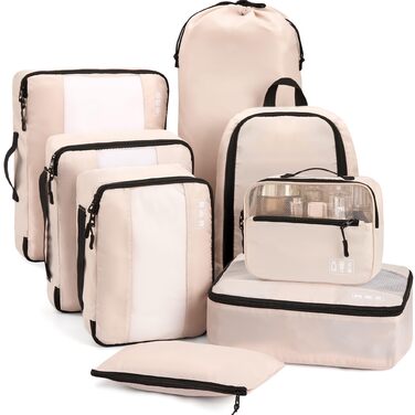 Органайзер для валізи MURISE, 8 шт. - Packing Cubes для подорожей, набір для організації речей у валізі, з мішечком для взуття та косметички, бежевий колір