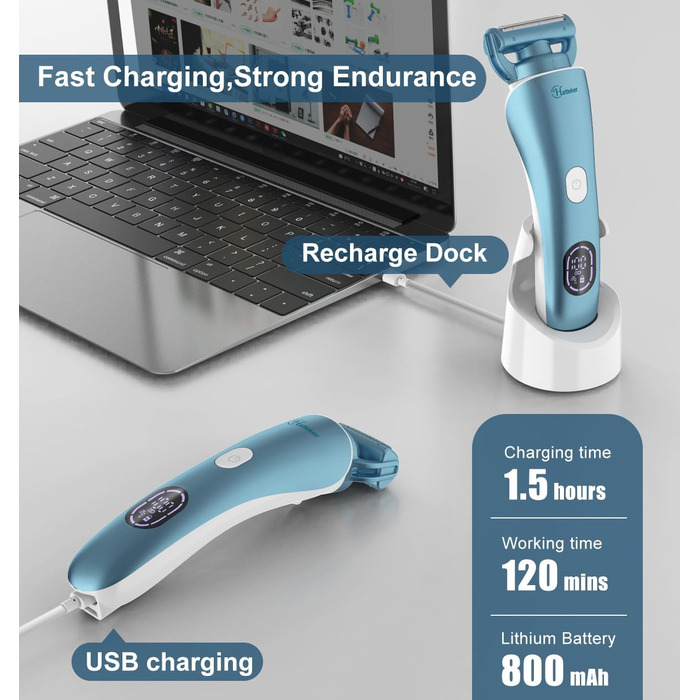 Електричний епілятор Hatteker 3-в-1 для жінок: тример, брітор та епілятор. З LED-дисплеєм, IPX7, USB-зарядка (Блакитний)