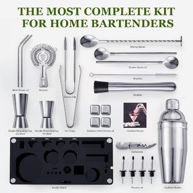 Sliver 23-Piece Stainless Steel Cocktail Shaker Set with Acrylic Stand & Recipe Book - Professional Bartender Bar Tools for Drinks, Whiskey Stones
