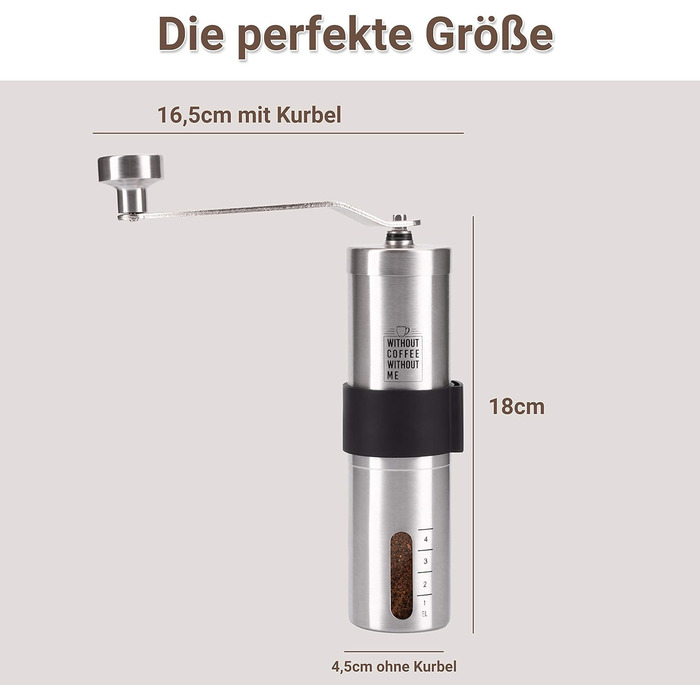 NOUTEN® Преміум ручна кавомолка з керамічним жорном - компактна кавомолка з сумкою та кріпленням для подорожей, плавне регулювання помелу