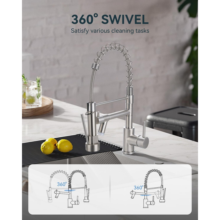 Сучасна кухонна змішувач Warmiehomy з LED-підсвічуванням, поворотний на 360°, з двома виливами, високий вигин, спіральна пружина, для мийки, з нержавіючої сталі, брашований нікель