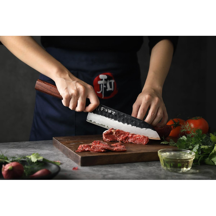 Японський ніж Santoku 18,5 см Hezhen, кухонний, з кованого сталі, з дерев'яною ручкою