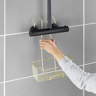 WENKO Thermostat Shower Caddy Model Milo, Shower Shelf for Hanging on the Faucet, Shelf Made of Stainless Steel (Rustproof), 25 x 36 x 14 cm, Gold