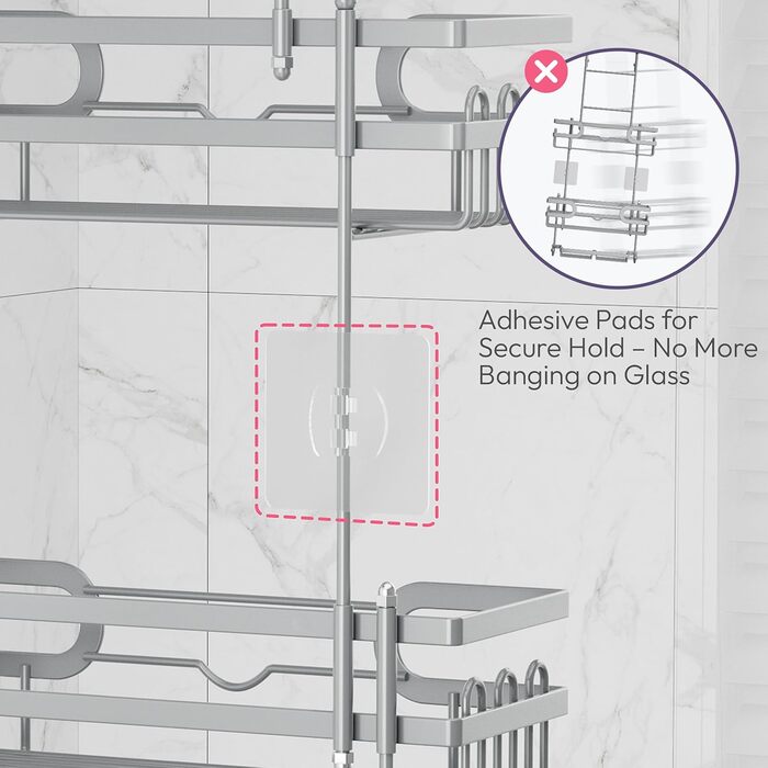 Настінна поличка для душу SWTYMIKI з нержавіючої сталі з 2 кошиками та 2 мильницями, 14 гачків, срібна