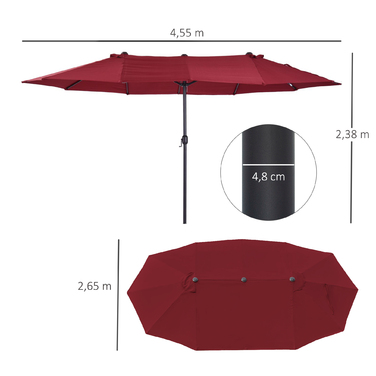 Сонцезахисний парасоль від Outsunny, парасоль для саду 455 x 270 см, торговий парасоль, подвійний сонцезахисний парасоль, парасоль для тераси з ручним підйомом, бордовий, овальний | Aosom