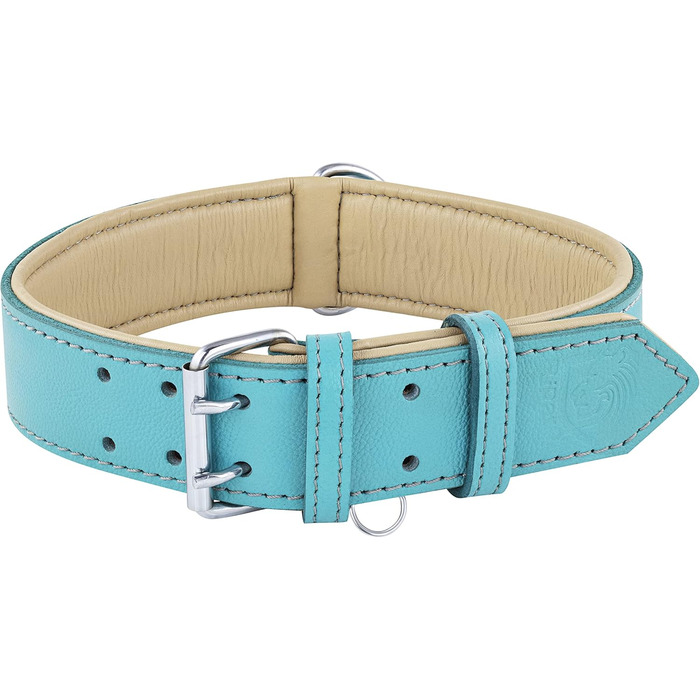 Riparo Genuine Leather Adjustable Dog Collar with Additional Reinforcement (: 4.5CM Wide for 53.4CM - 63.5CM Neck, ) (L, Aqua)