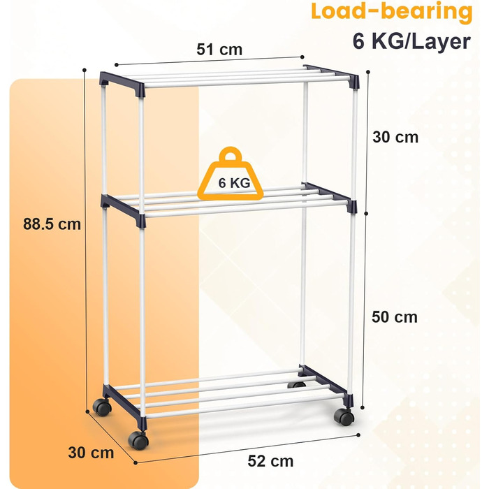 Сушарка для білизни мобільна, 3-ярусна, з коліщатками для ванної кімнати, квартири та пральні