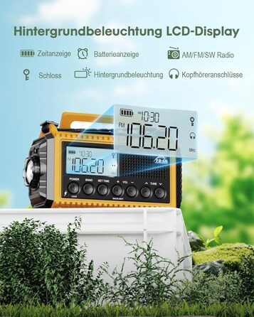 Радіоприймач Kurbelradio 12000mAh з сонячною панеллю та ручкою, AM/FM/SW, USB-зарядка, ліхтарик, SOS-сигнал, для кемпінгу та надзвичайних ситуацій, зелений