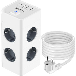 Мережевий фільтр з 4 розетками та 4 USB-портами, настінний, 4000W, 16A, з перетворювачем напруги, білий