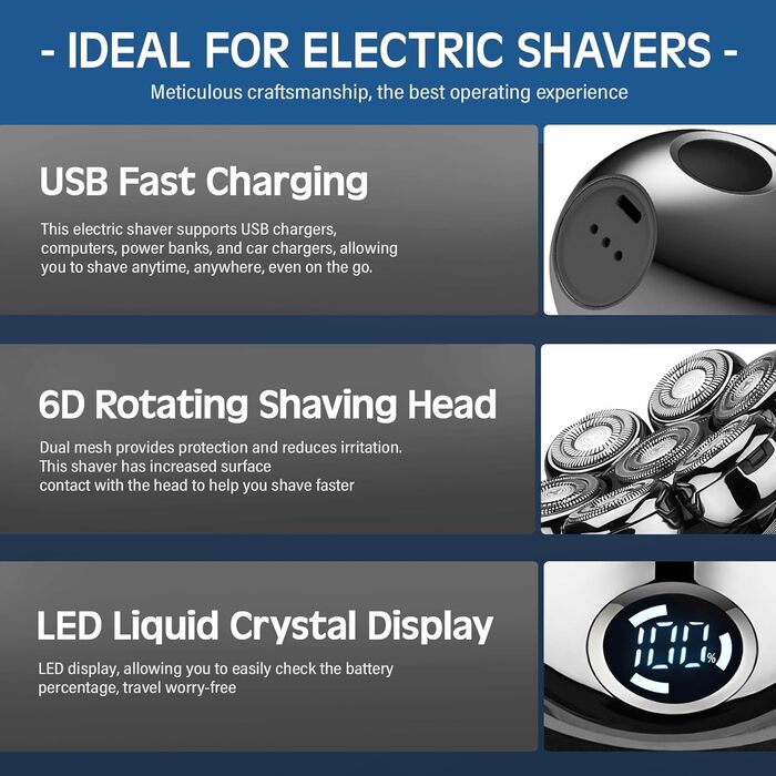 Електричний бритва для голови та бороди Glatzen 5-в-1 з 7 плаваючими головками, IPX6 водонепроникний, тример для носа та вух, LED-дисплей