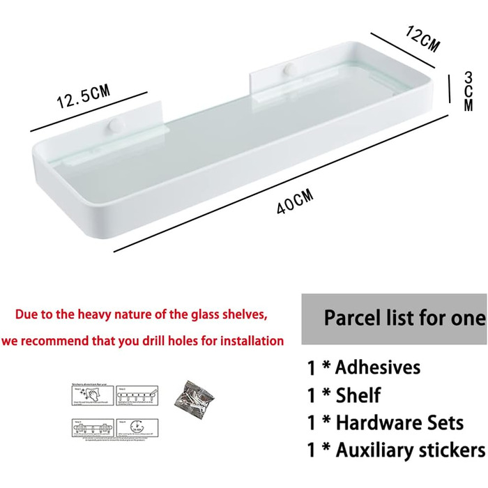 Biutimarden Shower Shelf No Drilling, Bathroom Shelf, Glass Shelf, Wall Mounting, Bathroom Shelf, Rectangular 8MM Tempered Glass, Self-Adhesive, Space Aluminum for Bathroom, Kitchen, Bathroom Accessories, 40CM White
