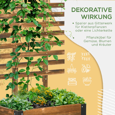 Outsunny Raised Garden Bed with Trellis and Wheels, Flower Box for Climbing Plants, Planter Box Made of Charcoal Wood, 65 x 31 x 147 cm
