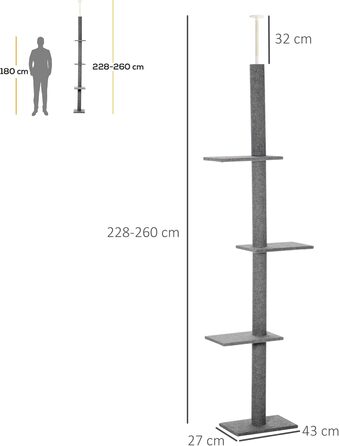 PawHut Cat Tree, Ceiling-High, 228-260 cm Adjustable Height Cat Tree, Climbing Tree for Cats with 3 Levels, Cat Scratching Post, Floor-to-Ceiling Play Tree Grey