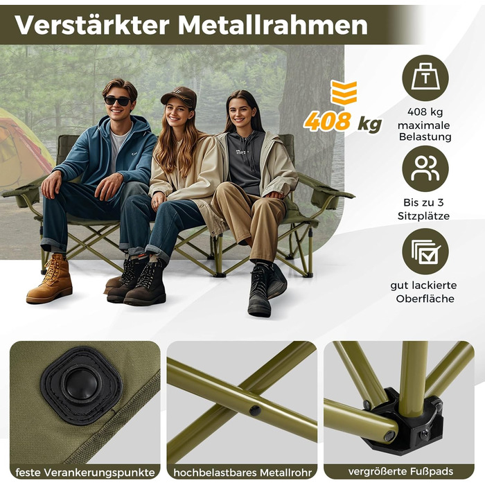 Крісло для кемпінгу Costway, розкладне, з регульованими підлокітниками, тримачами для напоїв та сумкою, вантажопідйомність 272 кг, для кемпінгу, риболовлі, пікніка (Зелений)