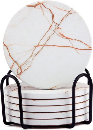 Fun coasters for drinks, marble-style, absorbent ceramic coasters with metal stand, housewarming gifts, decor set of 6, with cork base for wood table (White)
