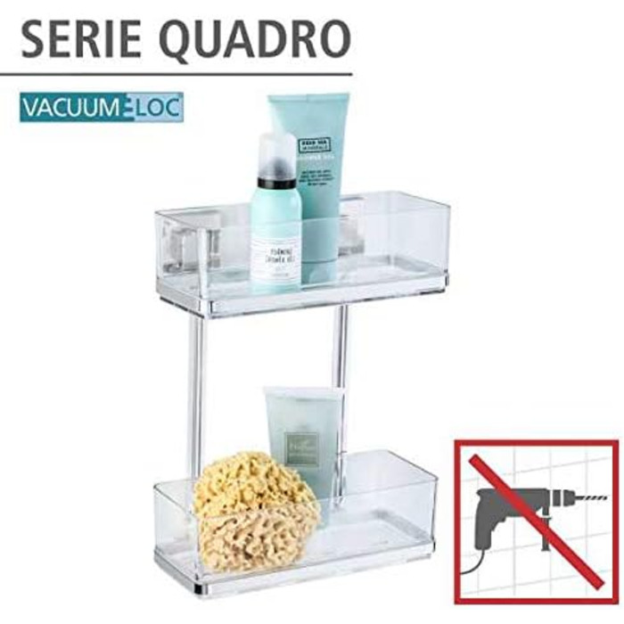 Двоповерхова полиця для ванної WENKO Vacuum-Loc Quadro Duo, без свердління, нержавіюча сталь, знімний пластиковий лоток, антикорозійна, 25,5x32,5x14 см