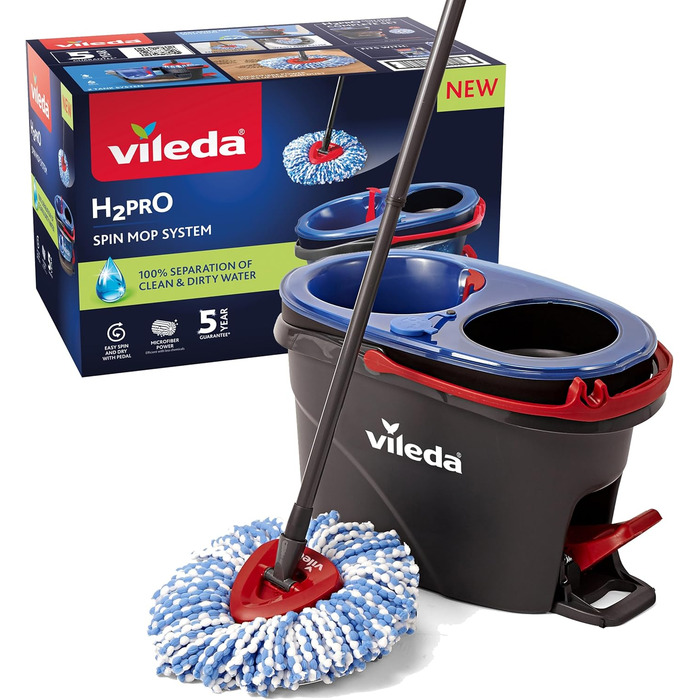 Vileda H2PrO Mop Set with Bucket | 100% separation of clean and dirty water | Innovative two-tank system with wringing function | Effortless wringing | Microfiber cleaning | Ergonomic design