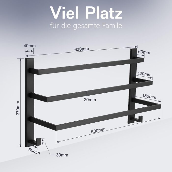 Тримач для рушників без свердління для ванної кімнати | Без бактерій | Приховані шурупи | Тримач для рушників з гачками - нержавіюча сталь SUS 304, чорний