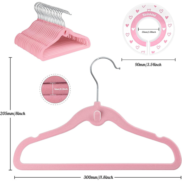 Набір велюрових дитячих вішалок 28 шт: 20 вішалок для одягу та 8 роздільників для дитячої шафи, з додатковим гачком, неслизькі, економія місця, рожеві