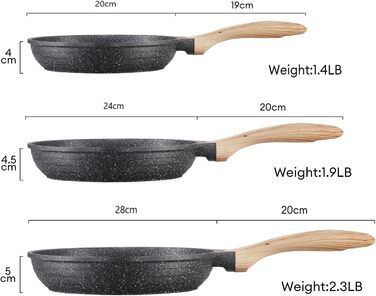 Набір сковорідок JEETEE 6 шт. з кришкою: 20см, 24см, 28см. Підходить для індукційних плит, з антипригарним покриттям, з кованого алюмінію, PFOA-free (сірий)