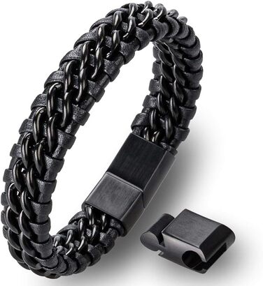Чоловічий браслет з екошкіри та нержавіючої сталі, плетіння, стилі Рокер, Байкер, Вікінг, Готика, Панк. Чорний, 24 см.