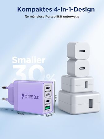 Двопакет USB-C зарядний пристрій Aioneus 4 порти з USB-C та USB-A, 40W швидка зарядка PD 3.0, блок живлення для iPhone 16 15 14 Pro Max 13 12 11 SE 2020 XS, Samsung, телефонів, фіолетовий
