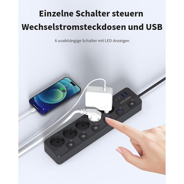 Мережевий фільтр 9-в-1 з індивідуальним вимикачем, 5 розеток, 4 USB-порти (3680W, 16A), захист від перенапруги 1050 Дж, настінний монтаж, 2 м кабель - для дому, офісу та подорожей, чорний