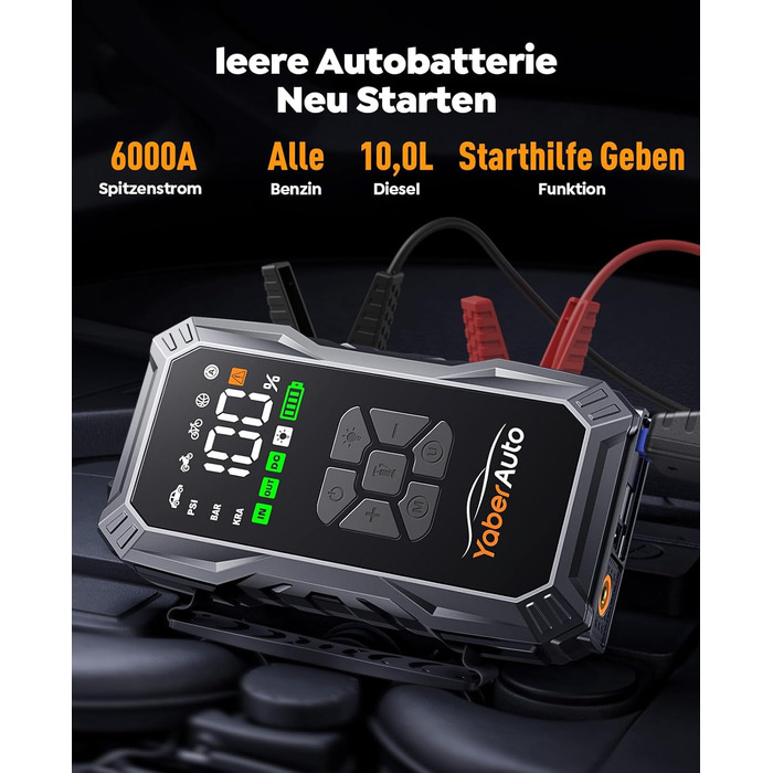 Powerbank для авто YaberAuto з компресором, 6000A, 23800mAh, 150PSI, Jump Starter (для бензинових та 10.0L дизельних двигунів), LCD дисплей, 500 люмен, аварійне світло