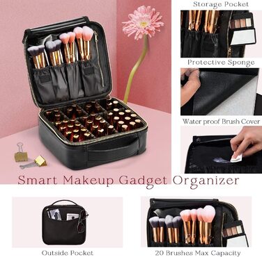 Косметичка для макіяжу та косметики, органайзер для подорожей, сумочка для косметики з ручкою та регульованими перегородками (шкірозамінник, чорний)