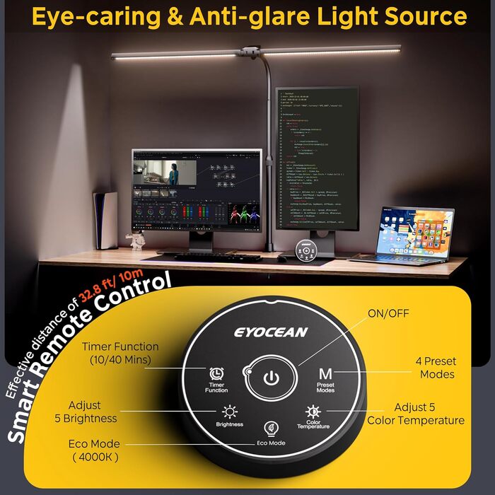 LED лампа настільна EYOCEAN 24W, 80 см, з керуванням жестами, димер, захист очей, для офісу, читання, архітекторів, дизайнерів (чорний)