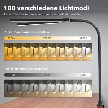 LED лампа настільна Jeebel 24W з двома головками, регулювання яскравості, 1800LM, 80 см, з пультом дистанційного керування, кріплення, 10 температур кольору, 10 рівнів яскравості, для офісу