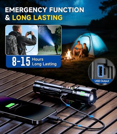 LED ліхтар Esgofo 500000 люменів, перезарядна, екстремально яскрава, 15 годин роботи, USB-C, дальність 1000м, регульований фокус та режими світла, для активного відпочинку та безпеки