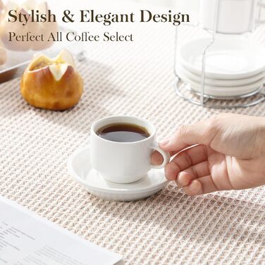 Набір чашок еспресо MALACASA 4 шт., 75 мл, з підставками та стійкою, біле порцелянове виробництво Італії, сумісні з посудомийною машиною, серія Regular 75 мл