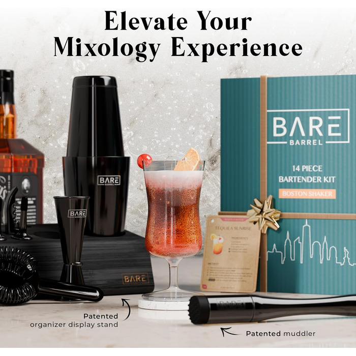 Bare Barrel Pro Cocktail Set - 14 Piece Boston Shaker Set with Stand & Recipe Cards (Jet Black) 0.8L