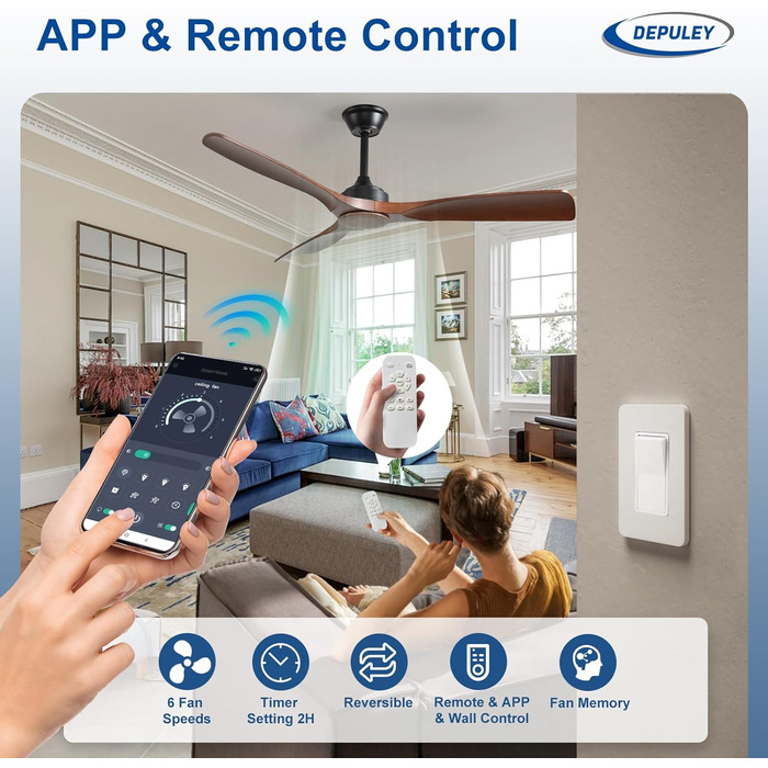 Стеляний вентилятор Depuley Leise з підсвічуванням для вулиці: LED лампа з вентилятором для саду, тераси - 132см, з керуванням через APP для вітальні, ресторану, офісу (Коричневий, 52'' без підсвічування)