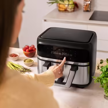 Cecotec Oil-Free Hot Air Fryer - 9L divisible into 2 - Air Fryer Cecofry Dual 9000. 2850W, dietary and digital, touch panel, dual temperature control, 6 modes, PerfectCook technology Black and Stainless Steel 1 9L basket + divider