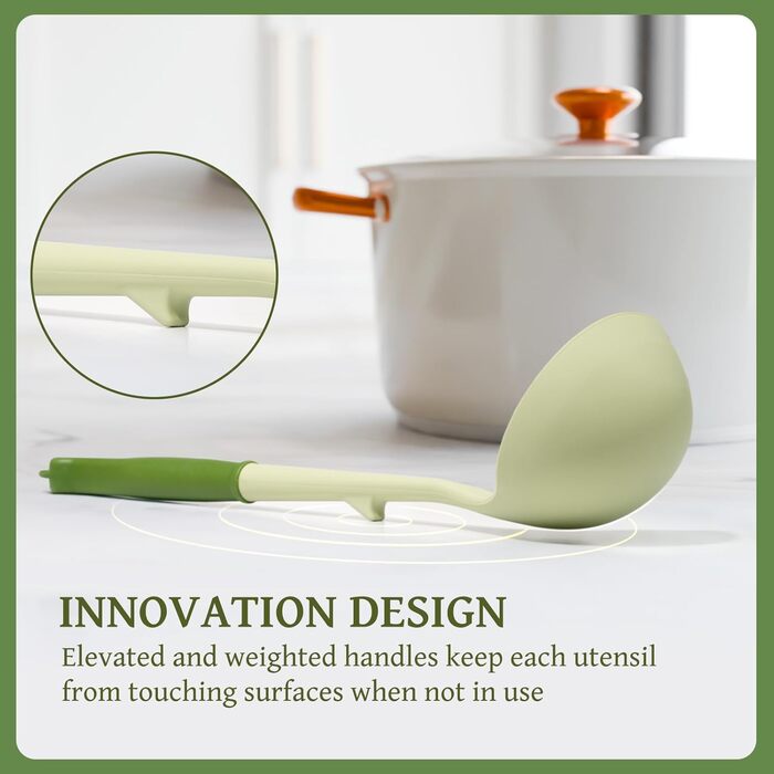 Набір кухонних аксесуарів Kikcoin 43 шт. – Силіконовий набір кухонних інструментів, безпечний для миття в посудомийній машині, лопатки для антипригарного посуду, стійкий до 230°C, кухонні помічники з підставкою, BPA-free, колір: авокадо