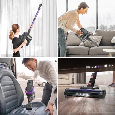 Бездротовий акумуляторний пилосос з потужністю 25000Pa, 175W, час роботи 50 хвилин. Бездротовий ручний пилосос з антизаплутаною насадкою та вертикальним паркуванням, легкий. Підходить для килимів, твердих підлог, видалення шерсті тварин. Колір: фіолетовий