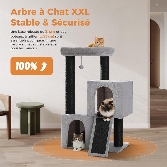 PETEPELA Scratch Tree with Dual Condos for Apartment Cats, All-in-One Cat House with Padded Perch, Scratch Ramp and Posts, and Replaceable Balls (Gray, L 113cm)