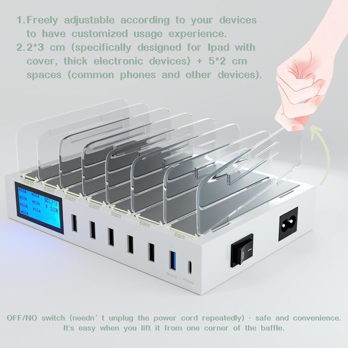 Зарядний пристрій Schnellladestation PD20W QC3.0 7-в-1 з LCD дисплеєм, USB-хаб для iPhone, iPad, Samsung, Huawei (Чорний)