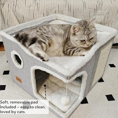 Spindro Cat Cave Cat Bed Large, Cat House Indoor Cat Sleeping Place with Removable Sherpa Cat Cushion and Hanging Toy, Cat Bed, Light Grey 42x42x33cm