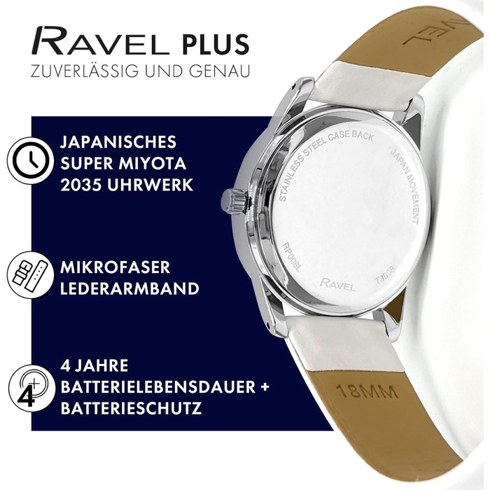 Годинник Ravel Plus - Екстра Довге Життя, Унісекс, на Ремінь з Мікрофібри, Аналоговий Кварц (Японія), Корпус 40 мм, Білий/Сріблястий/Біле ЦИФЕРБЛАТ